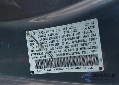 2005 Honda Cr-V Se z USA, uszkodzony, nr VIN SHSRD78915U317102
